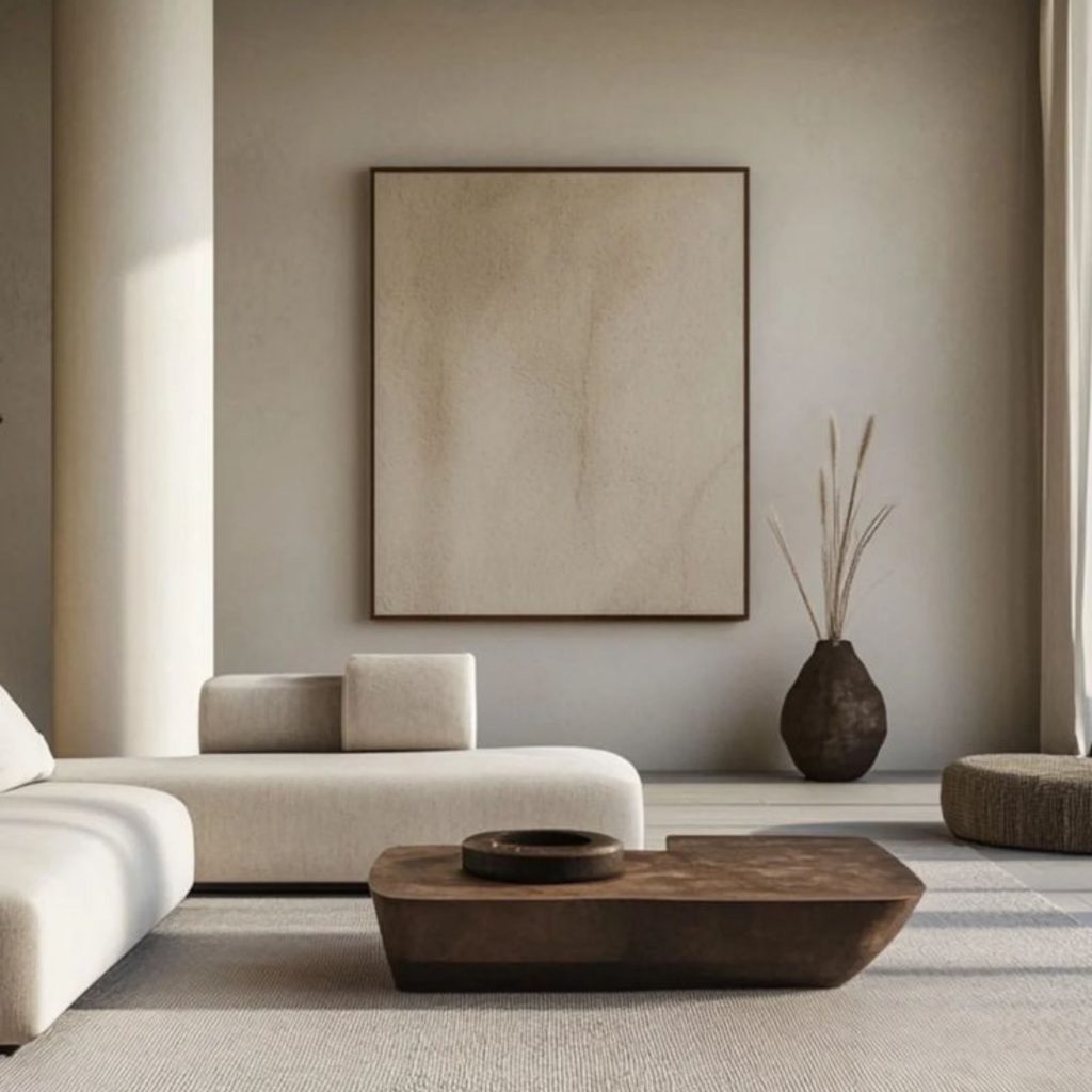 Sala de estar minimalista que inclui apenas os elementos necessários.