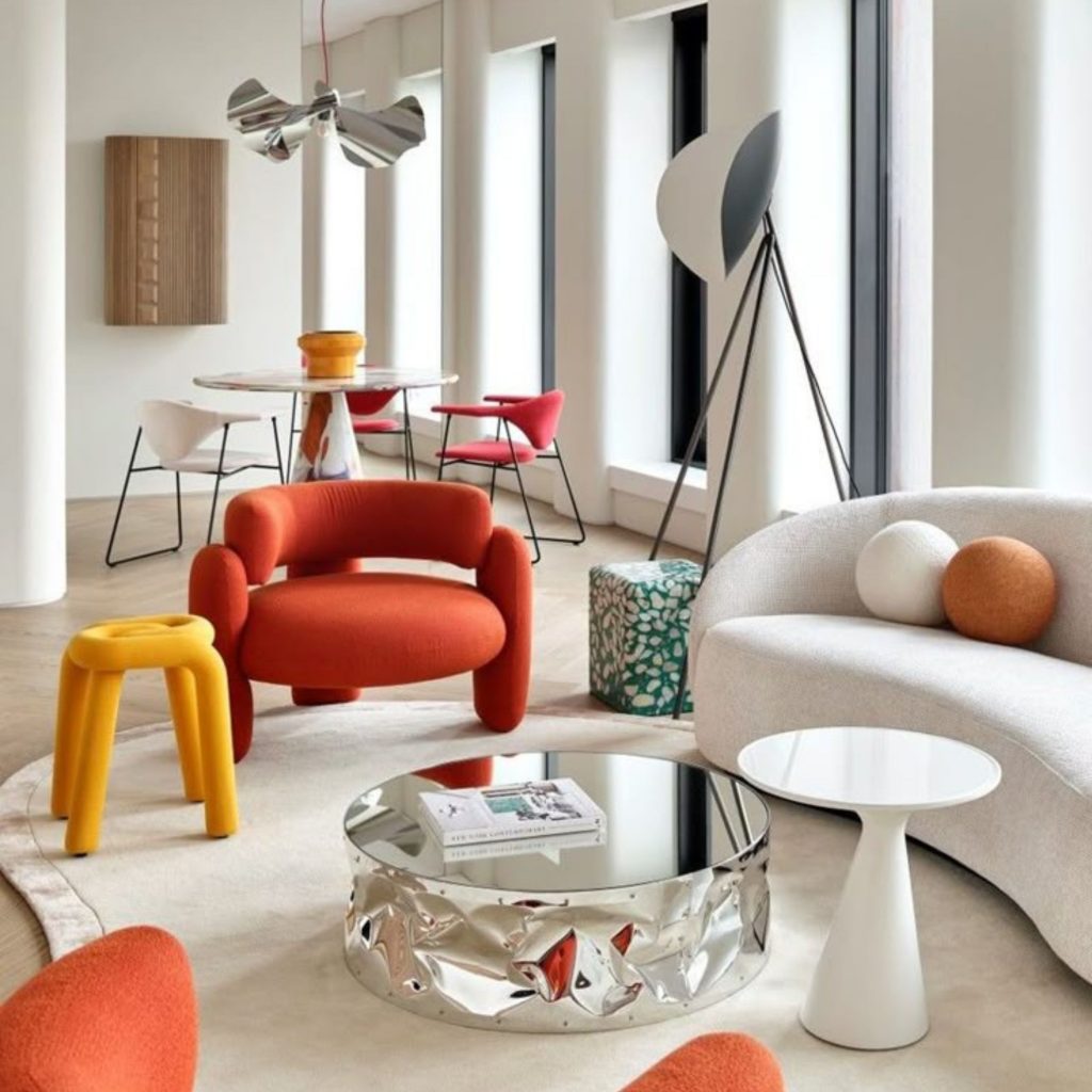 Sala de estar com elementos minimalistas e maximalistas.