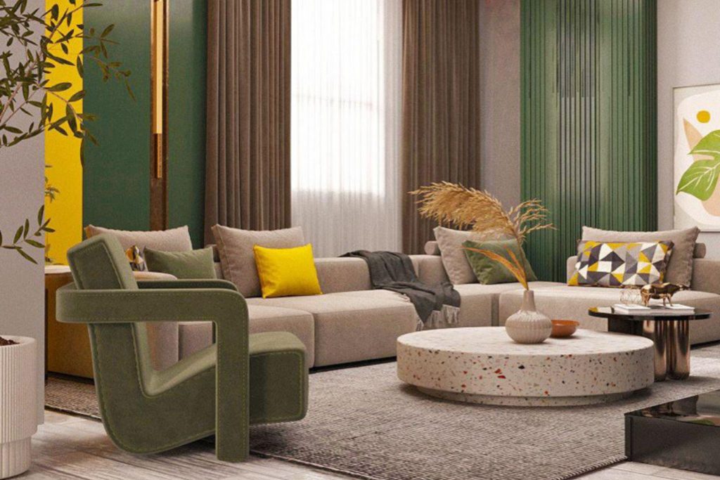 Sala de estar sofisticada com apontamentos maximalistas.