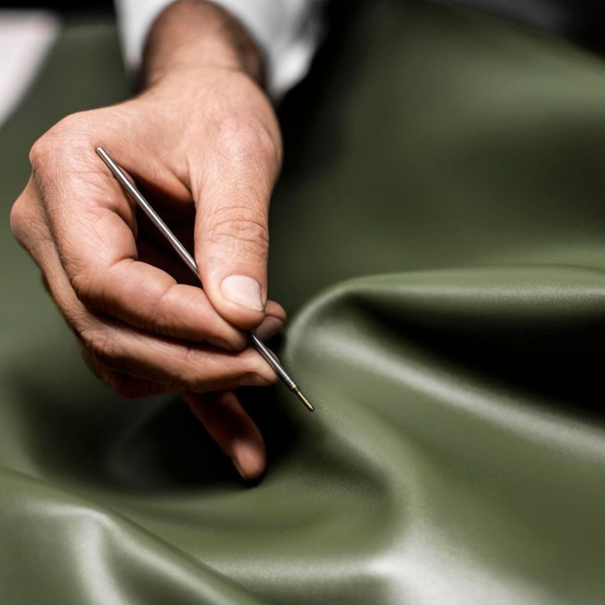 Corte de um tecido a imitar pele para incluir numa peça de mobiliário.