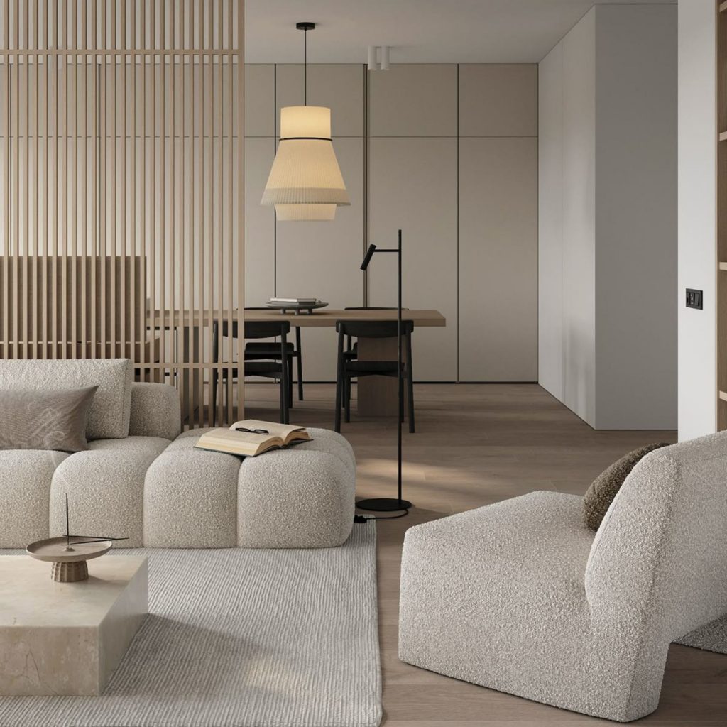 Sala de estar e jantar juntas com uma decoração escandinava.