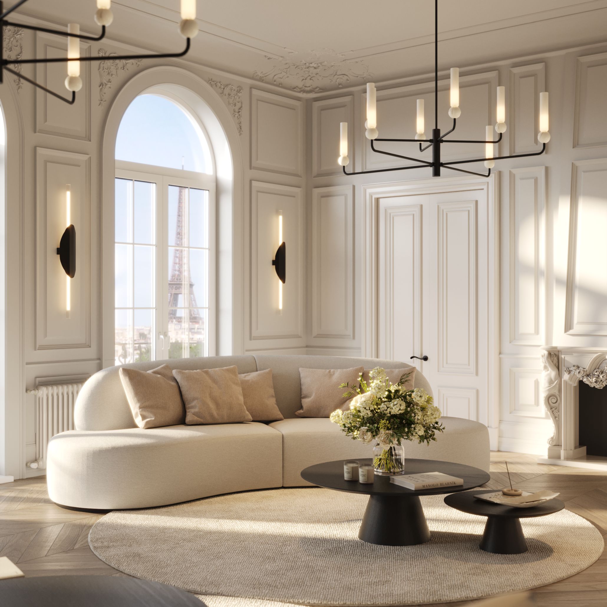 Sala de estar com elementos clássicos.