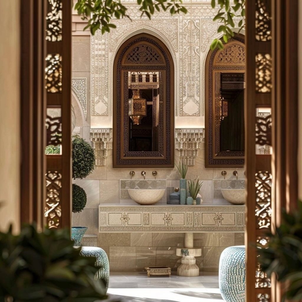 Casa de banho ornamentada com padrões complexos feitos artesanalmente.