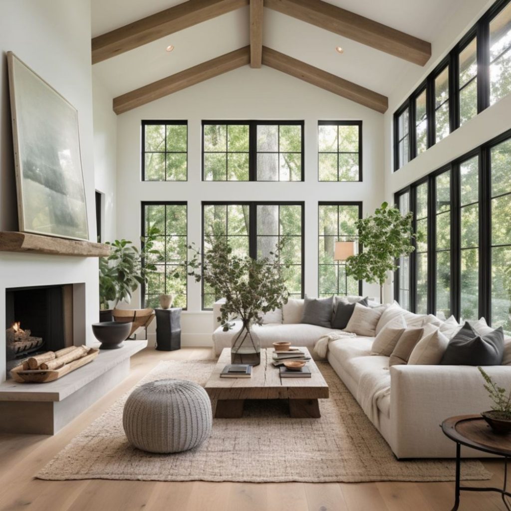 Sala de estar com uma mesa de apoio feita de madeira maciça.