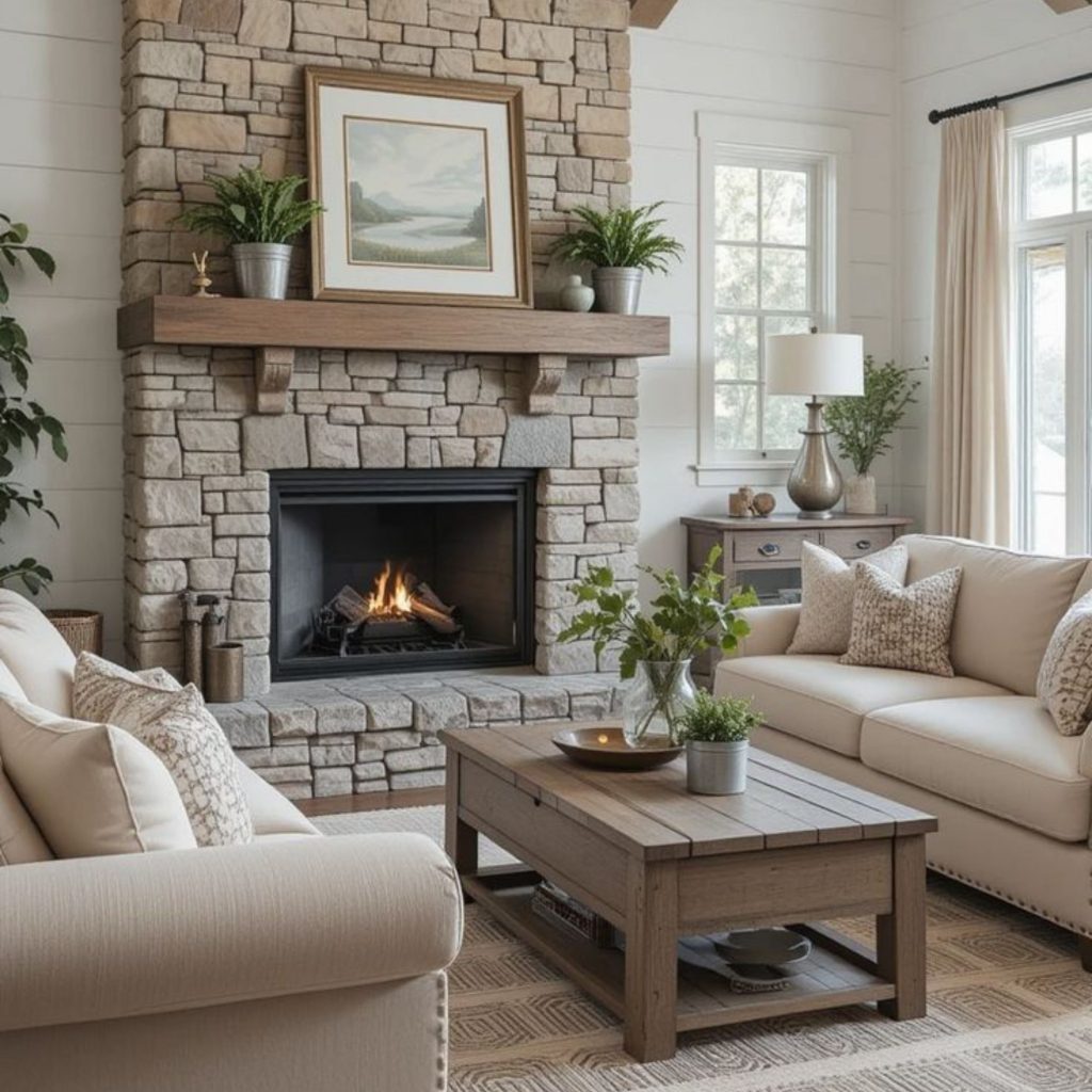 Sala de estar no estilo farmhouse com uma lareira em pedra natural.