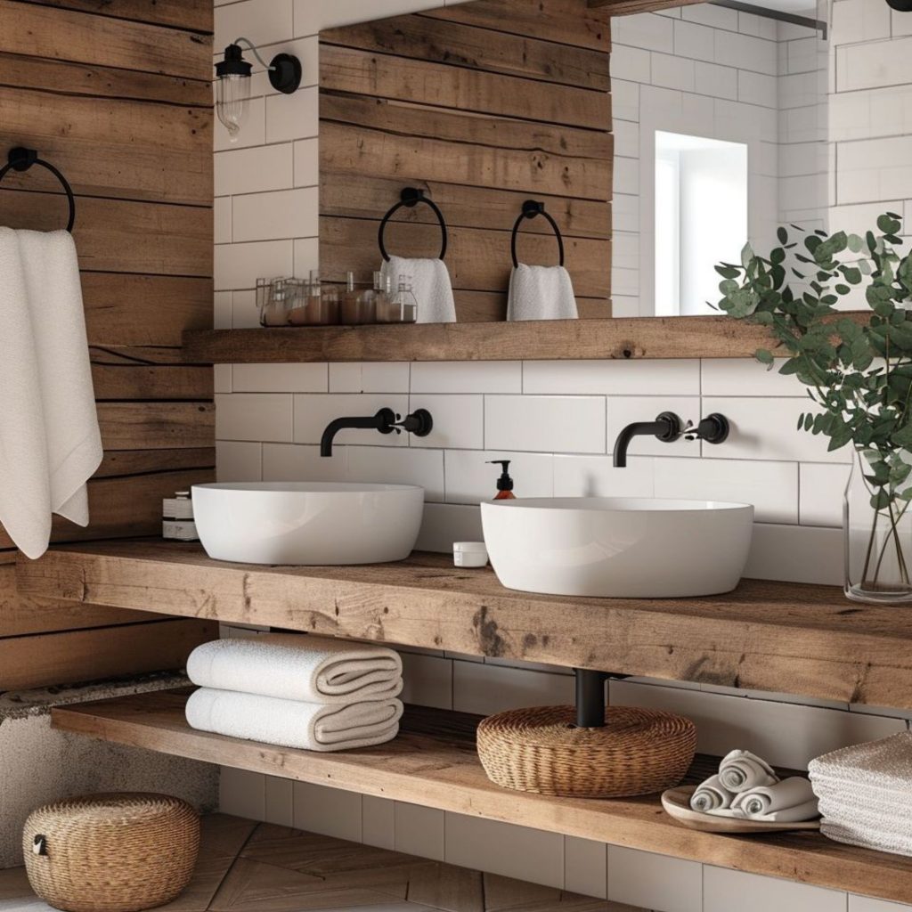 Móveis de casa de banho em madeira maciça.