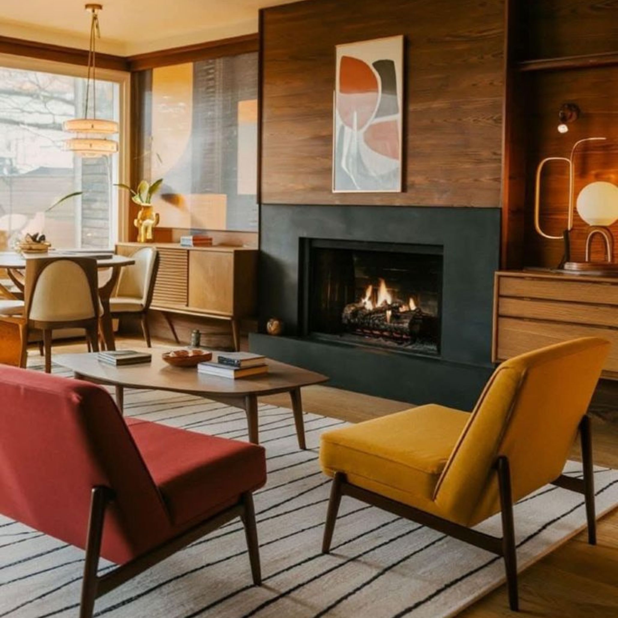 Sala de estar retro desenvolvida com um olhar contemporâneo.