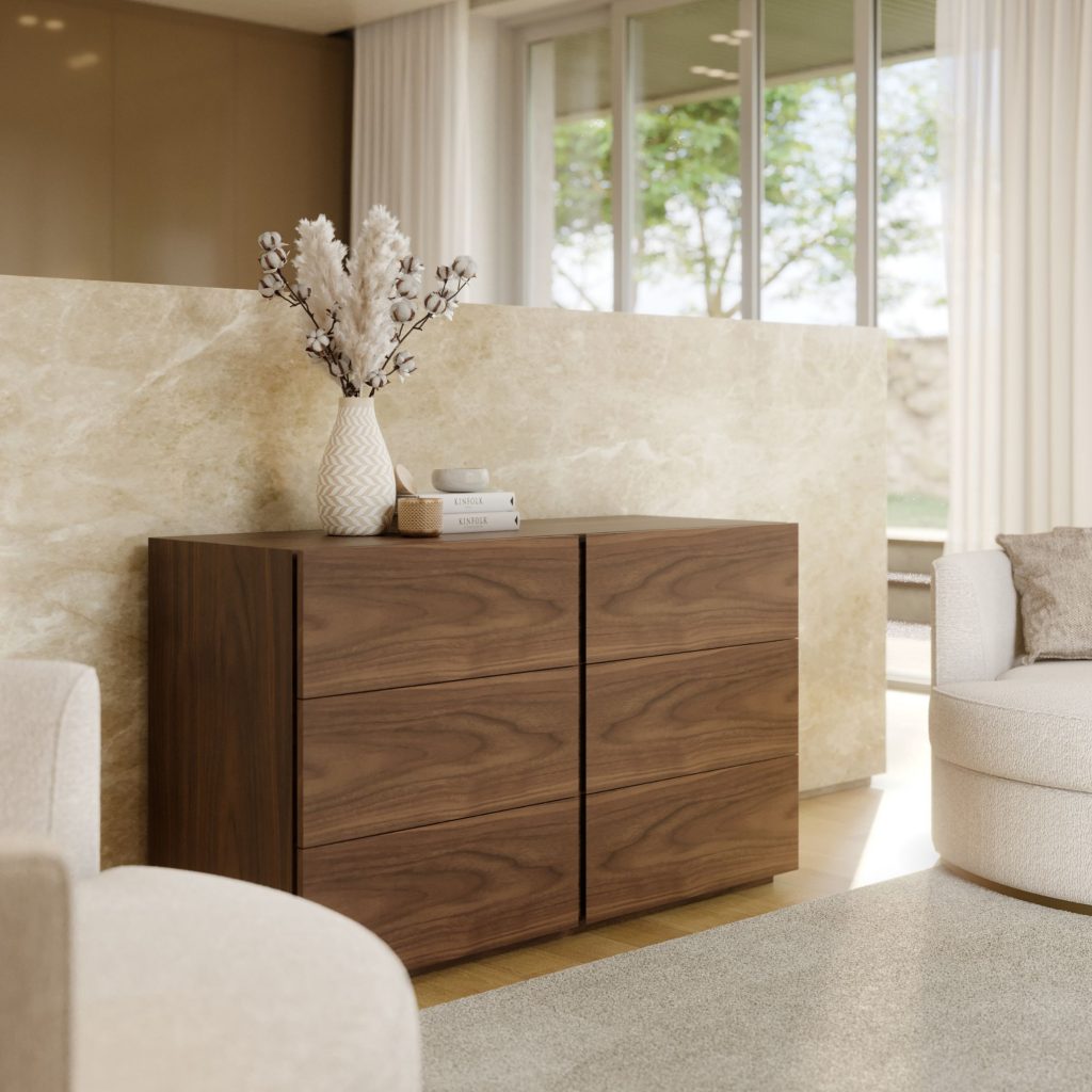 Cómoda sevilha com um acabamento em madeira.