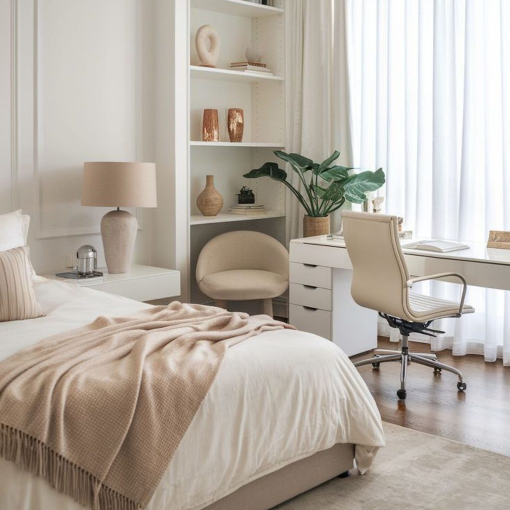 Mobiliário de escritório inserido no quarto de hóspedes para criar um espaço de trabalho.