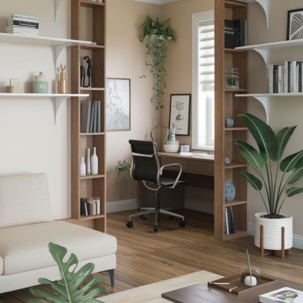 Mobiliário de escritório inserido na sala de estar para criar um espaço de trabalho.