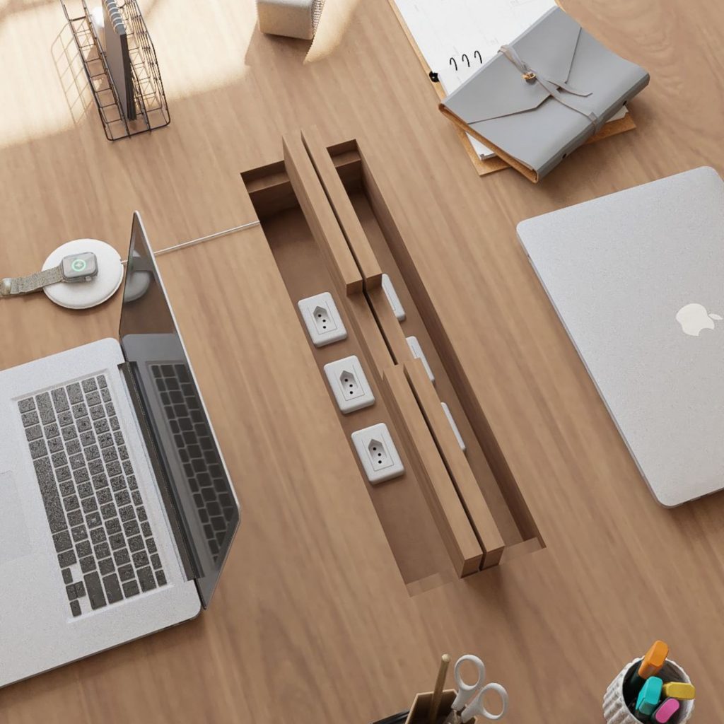 Soluções high-end para esconder tomadas no escritório.
