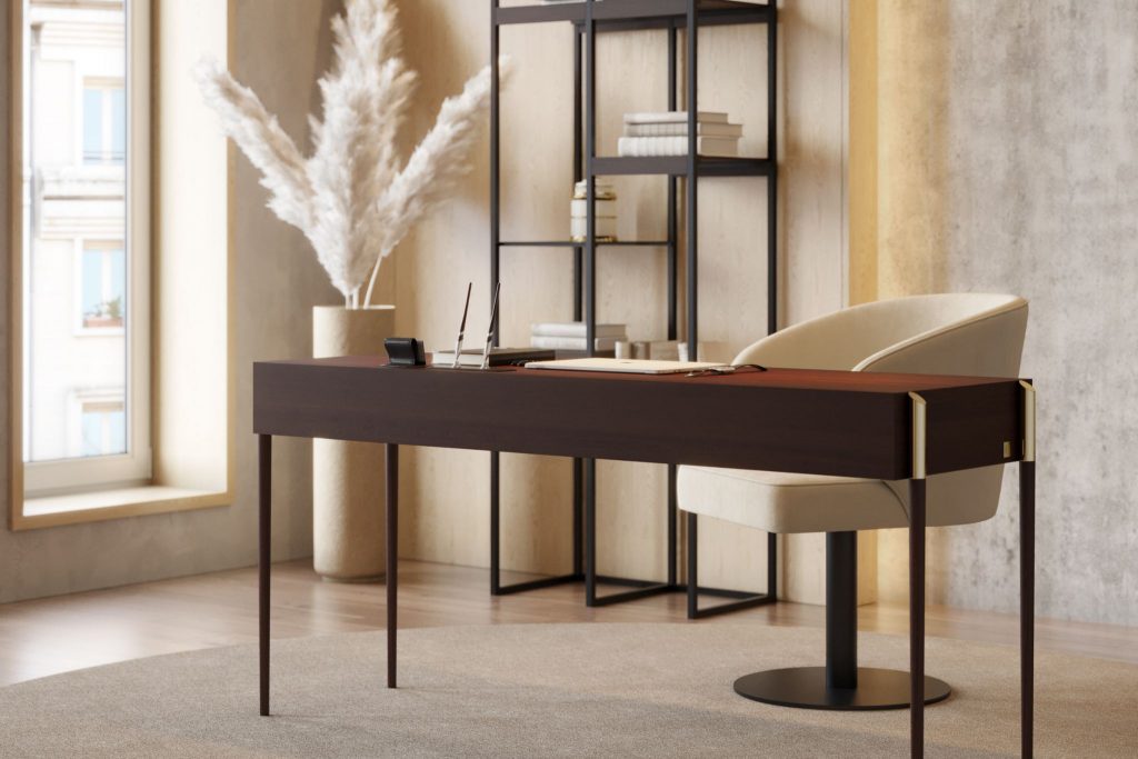 Cadeira giratória que complementa, harmoniosamente, o resto do mobiliário de escritório.