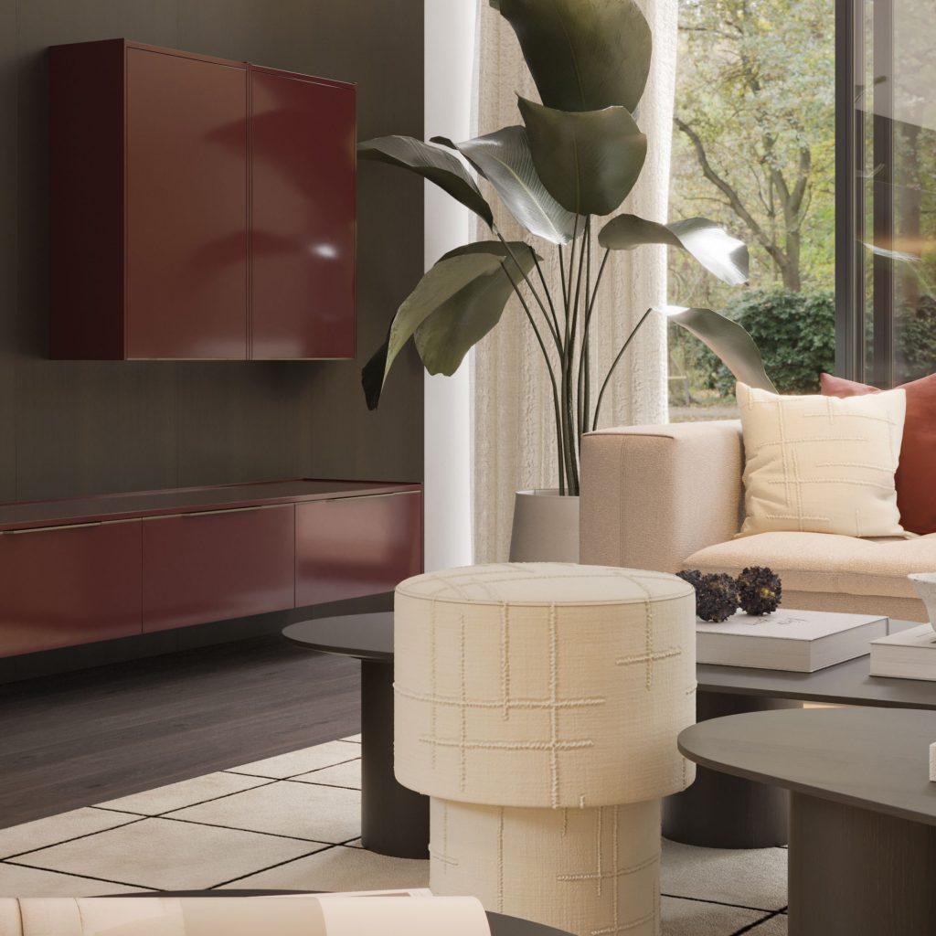 Sala de estar moderna com apontamentos vermelho cereja.