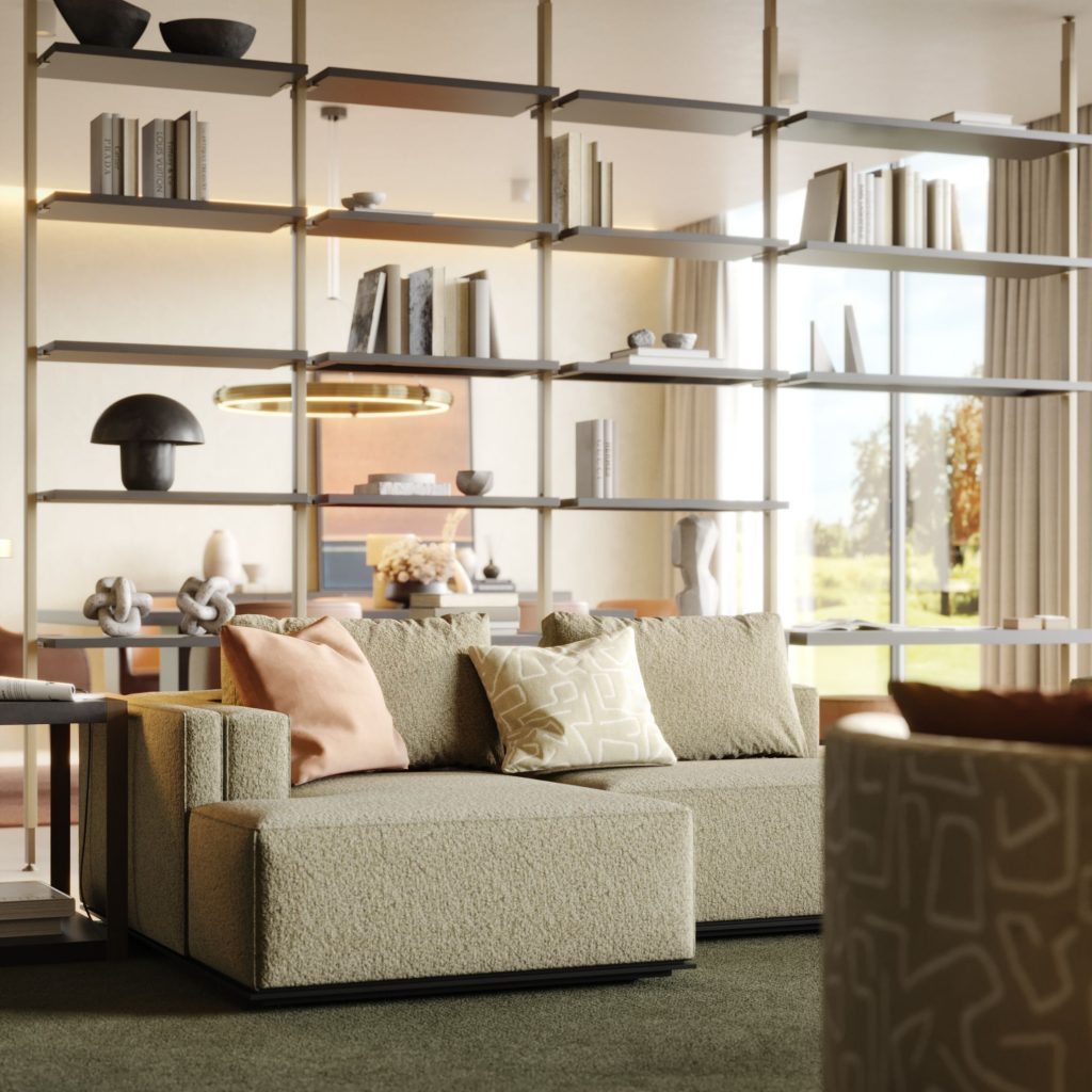 Sala de estar moderna decorada com as cores tendências deste outono.