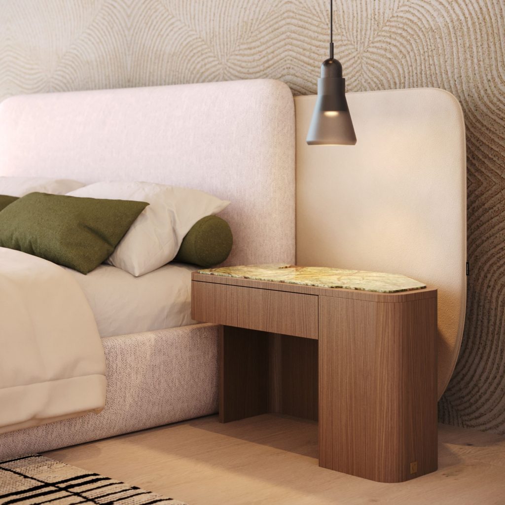 Mesa de cabeceira com um design geométrico.