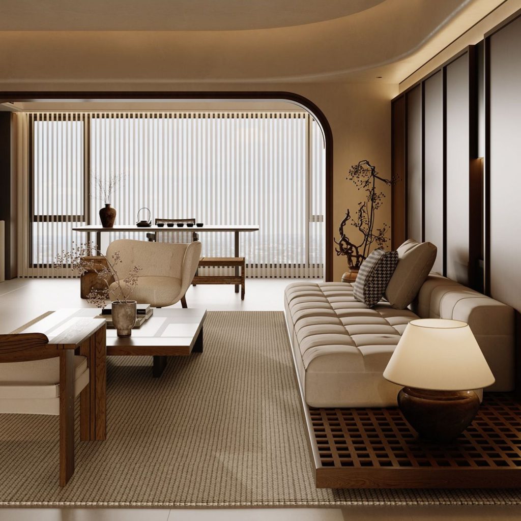 Sala de estar moderna cuja decoração favorece o fluxo de energia vital