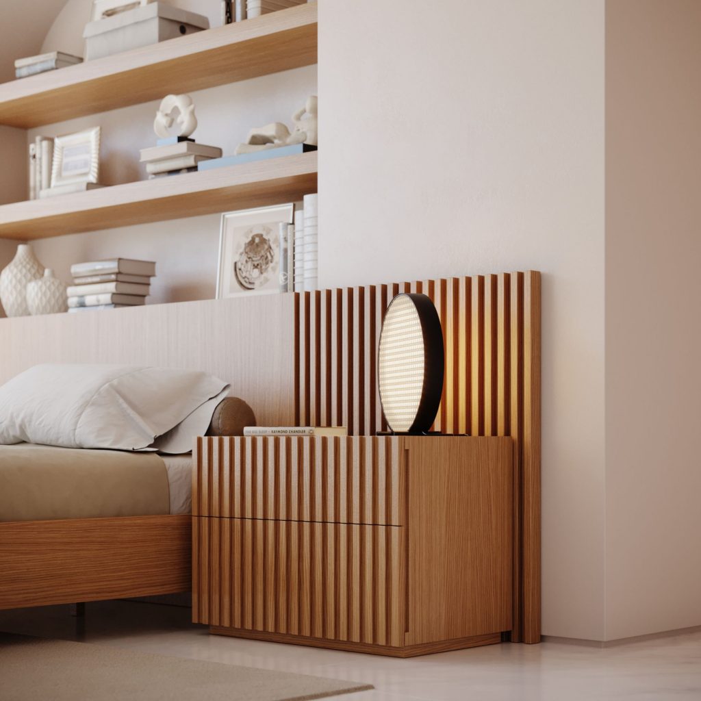 Cama de casal com a cabeceira em madeira, ideal para um quarto moderno.