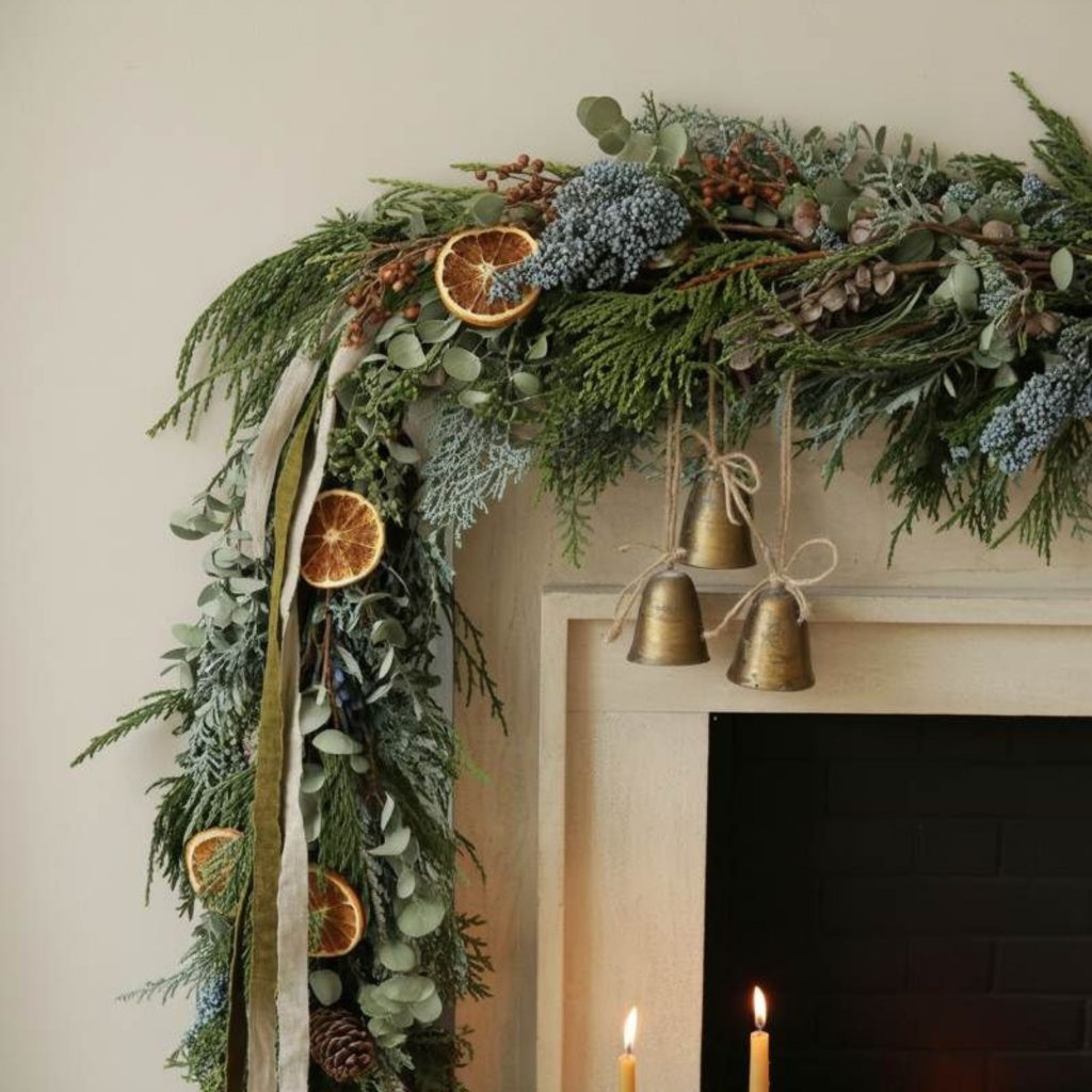 Guirlandas como decoração para lareira.