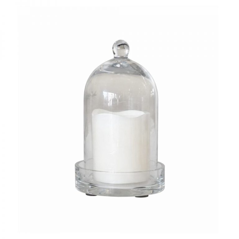 Campânula de vidro com uma vela no interior para decorar os seus espaços.