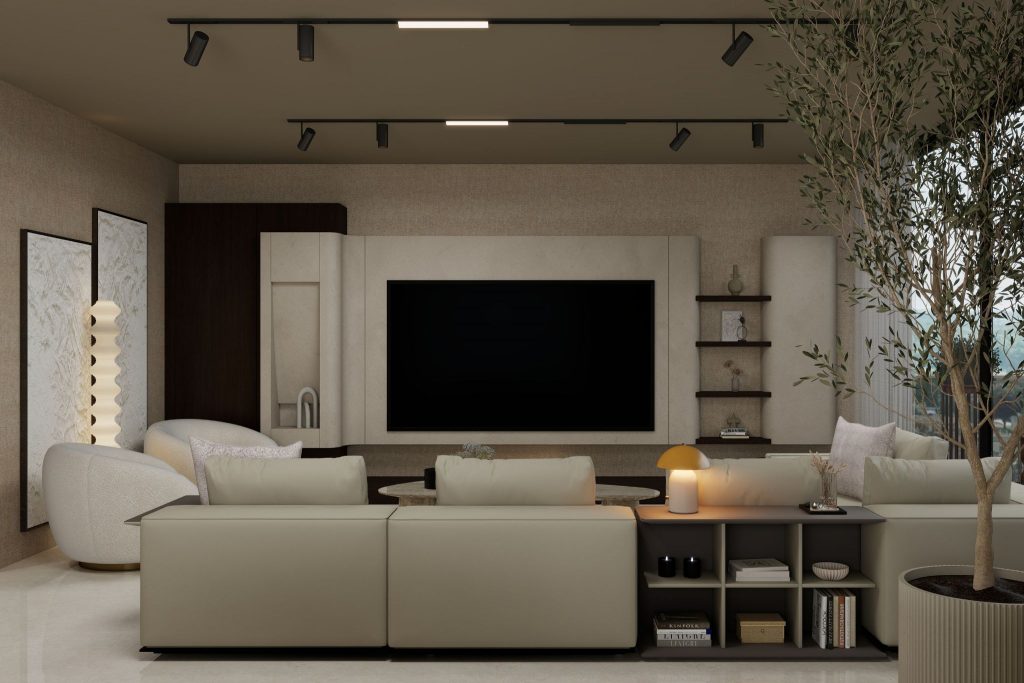 Sala de estar em open space, inspirada na cor do ano Pantone: Cloud Dancer.