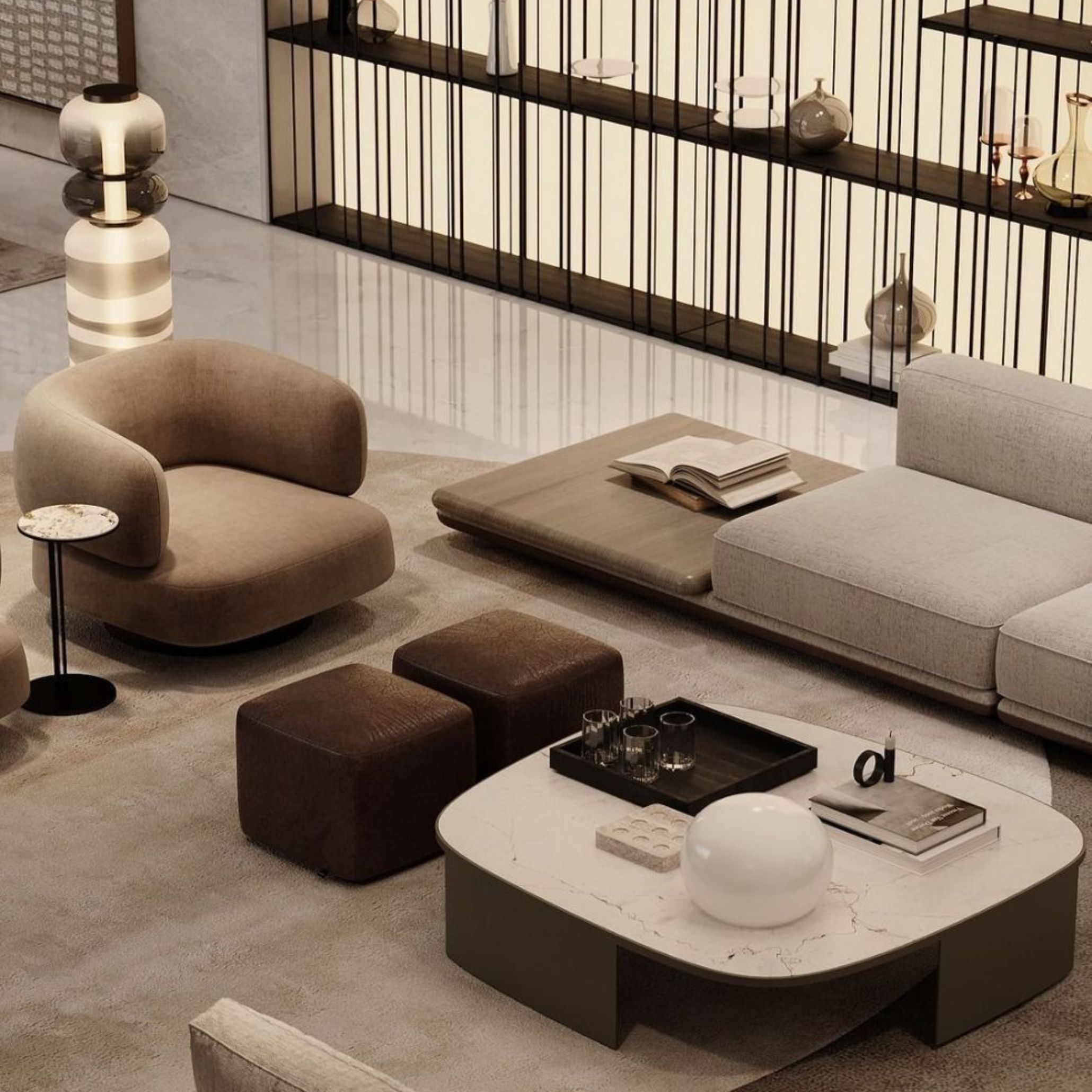 Uma sala de estar inspirada no estilo contemporâneo.