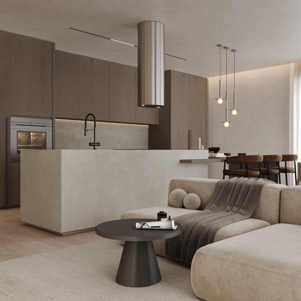 Um open space elegante típico de ambientes inspirados no contemporâneo.