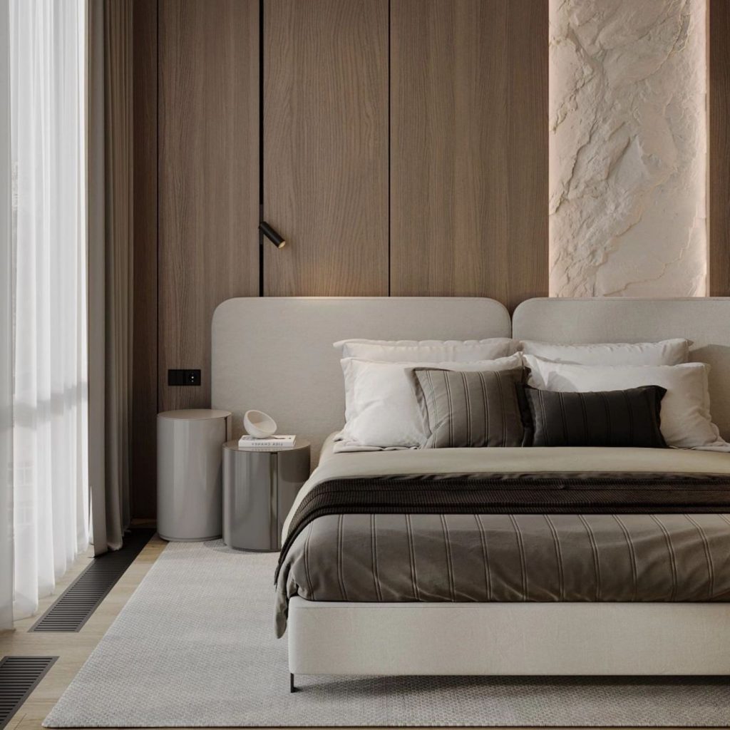 Decoração de quarto num estilo mais contemporâneo, inspirado em elementos naturais.