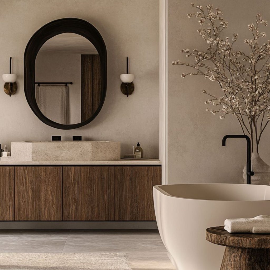 Casa de banho moderna com mobiliário arredondado inspirado numa estética mais inclinada para o contemporâneo.