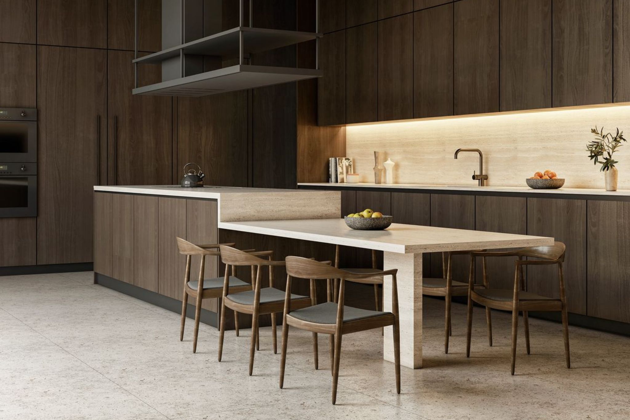 Cozinha open space com sala de estar jantar integrada.