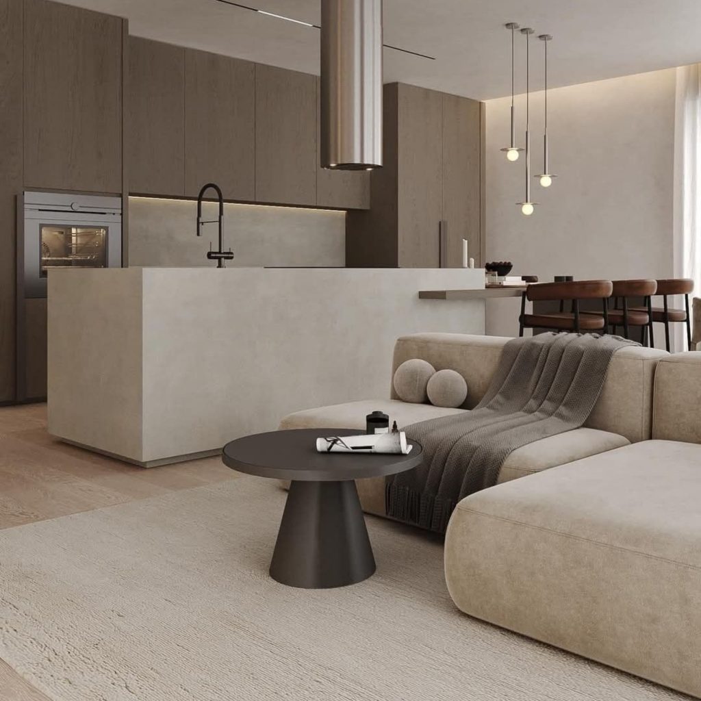 Um open space harmonioso que combiana cozinha, sala de estar e sala de jantar.