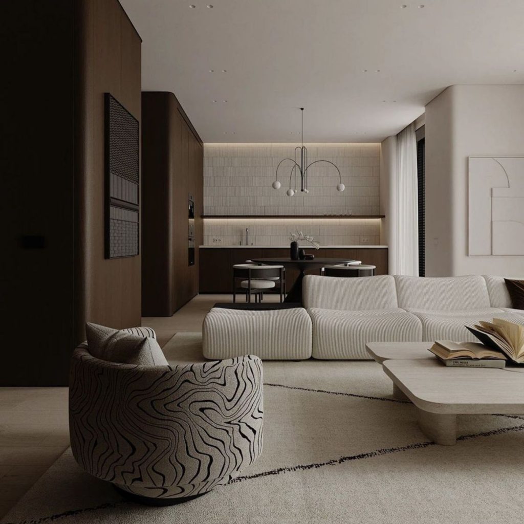 Open space onde a sala e a cozinha se unem num único ambiente.