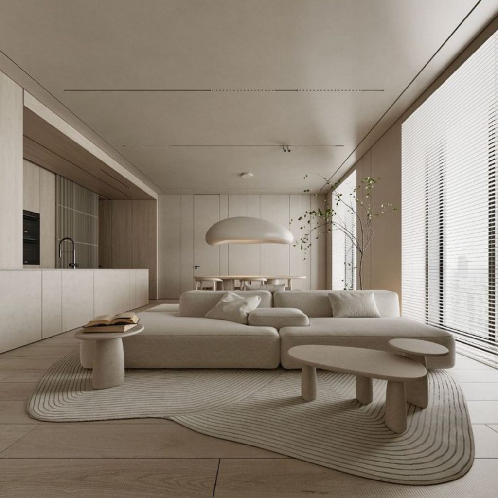 Delimitar as áreas das cozinhas open space através do uso de mobiliário (ex. sofá) e de tapetes.