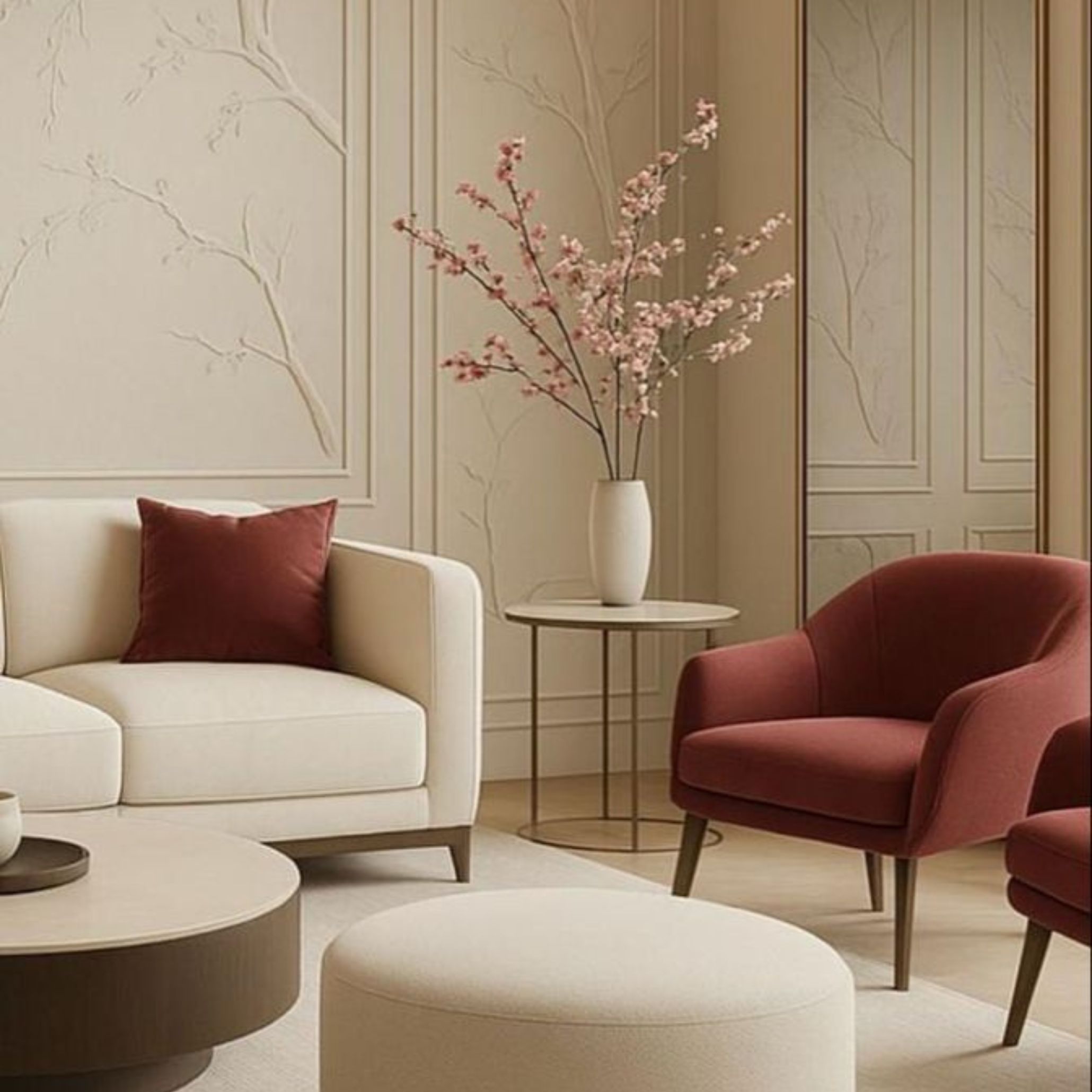 Um toque romântico no design de interiores de uma sala de estar.