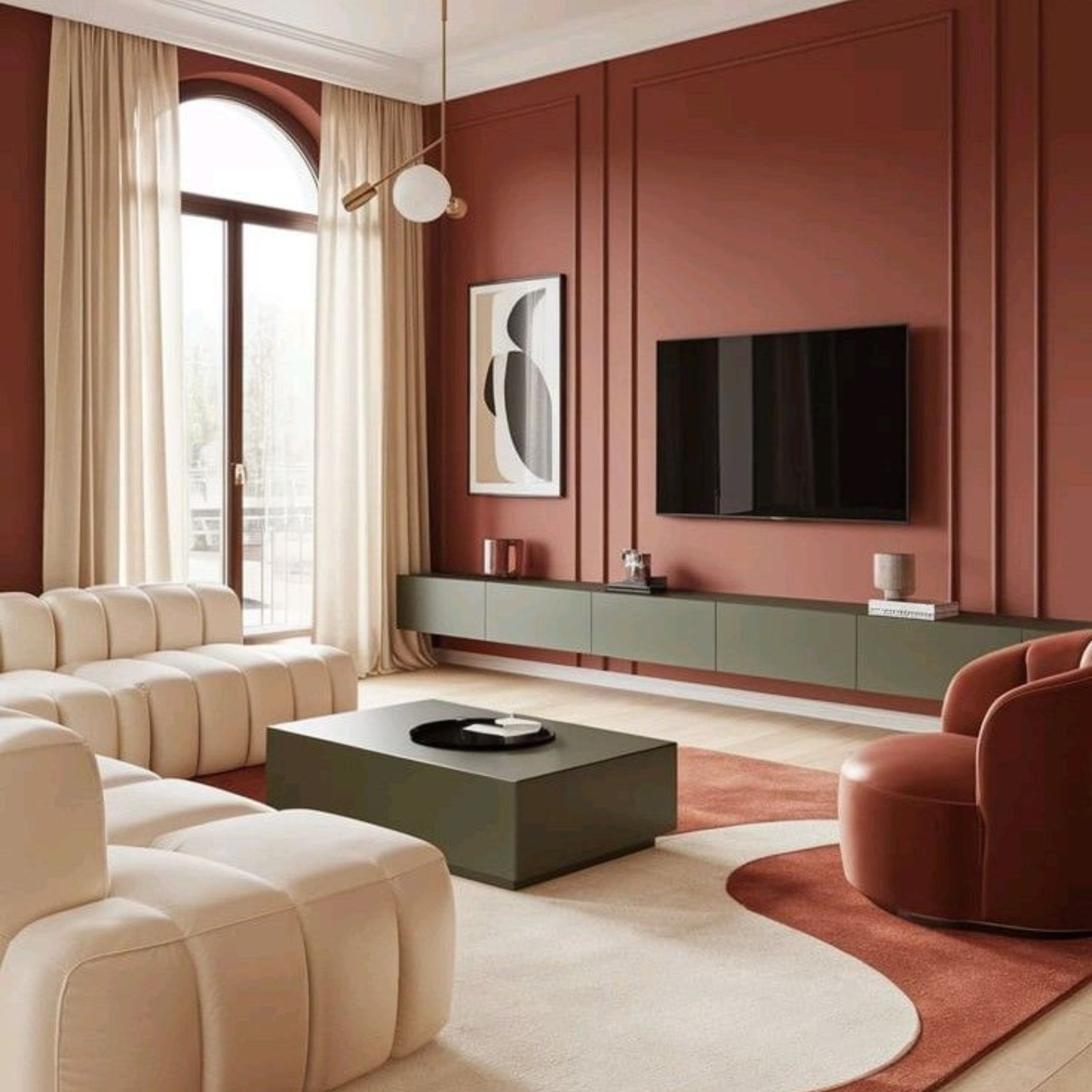 Tonalidades românticas como ponto central da decoração de uma sala de estar contemporânea.