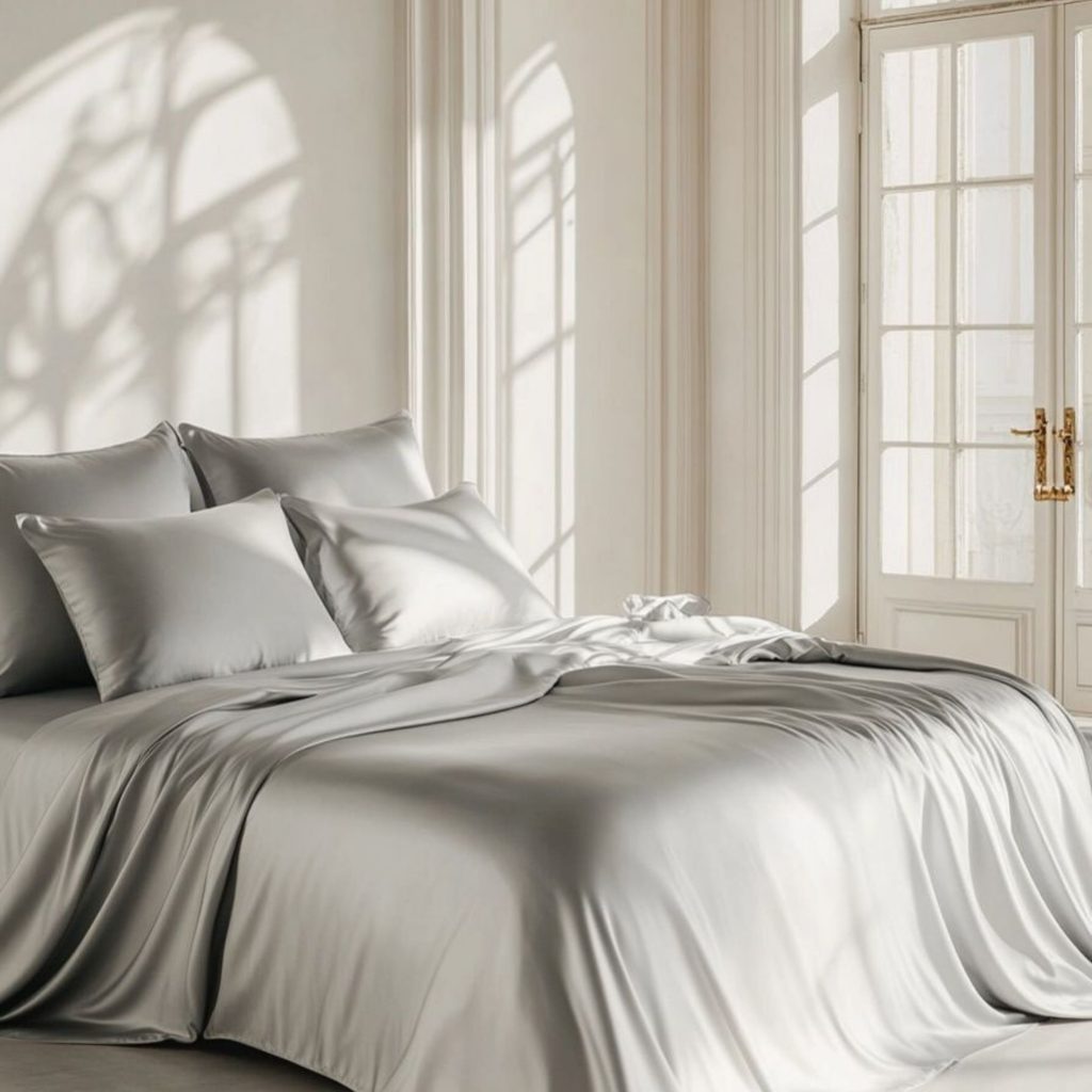 Lençois de seda num quarto de estilo romântico.