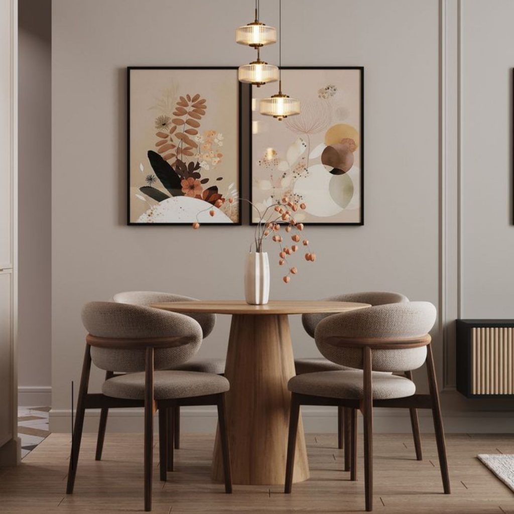 Sala de jantar decorada com quadros em tons suaves para o dia dos namorados.