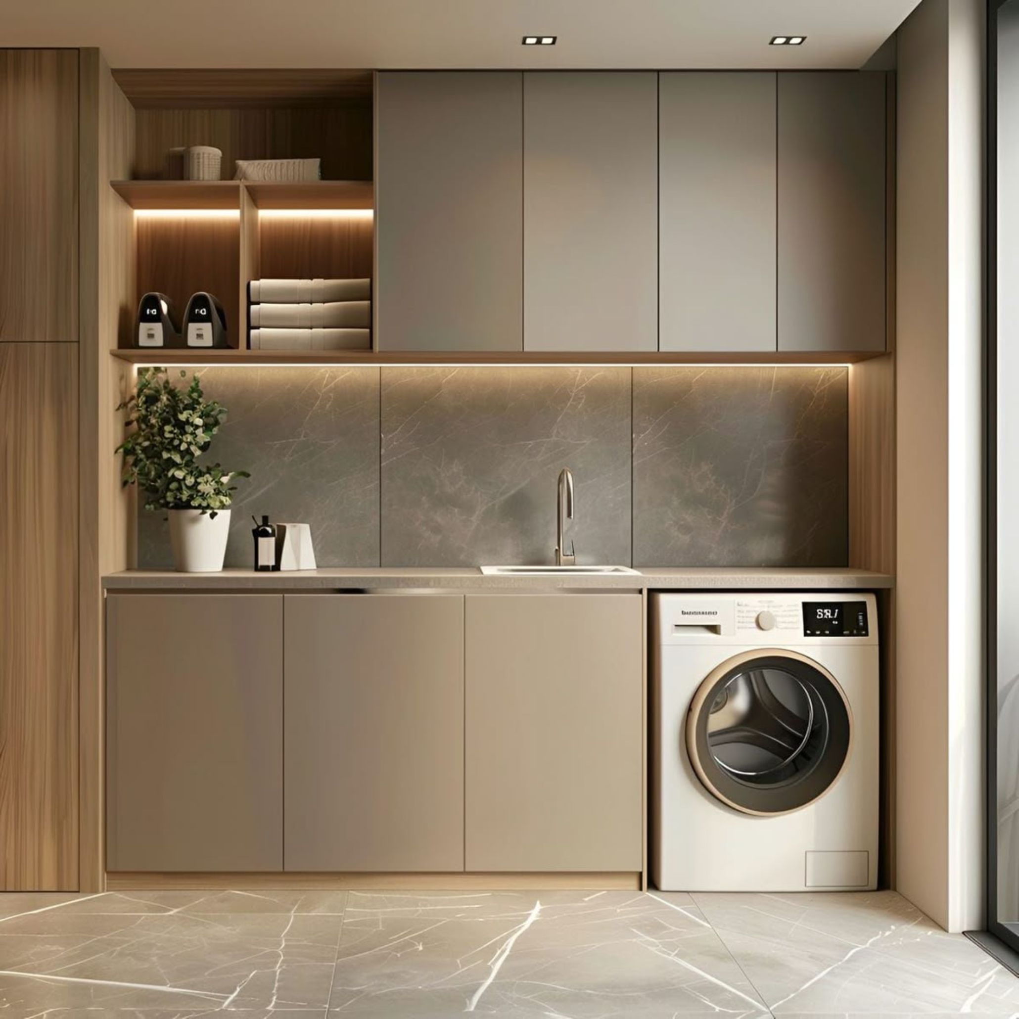 Organização e decoração de uma lavandaria pensada para facilitar o quotidiano.