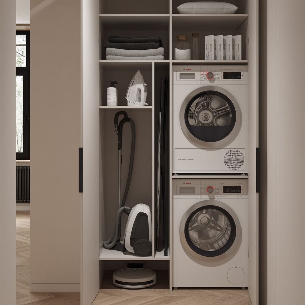 Arrumação vertical na lavandaria para guardar eletrodomésticos.