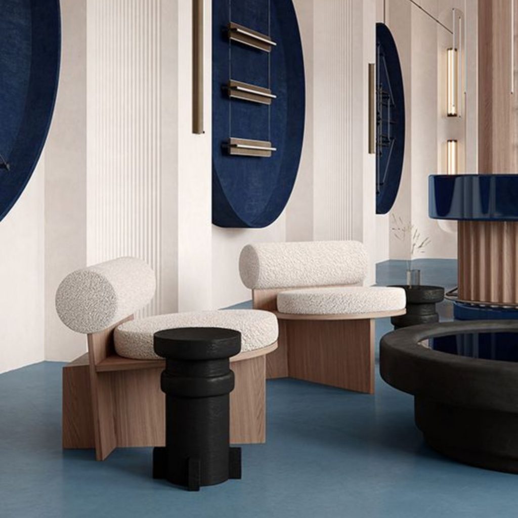 Ambiente contemporâneo marcado por cores frias que evidenciam como a psicologia das cores molda sensações, combinando cores azuladas que reforçam um caráter mais técnico e demonstram o papel da psicologia das cores no design de interiores.