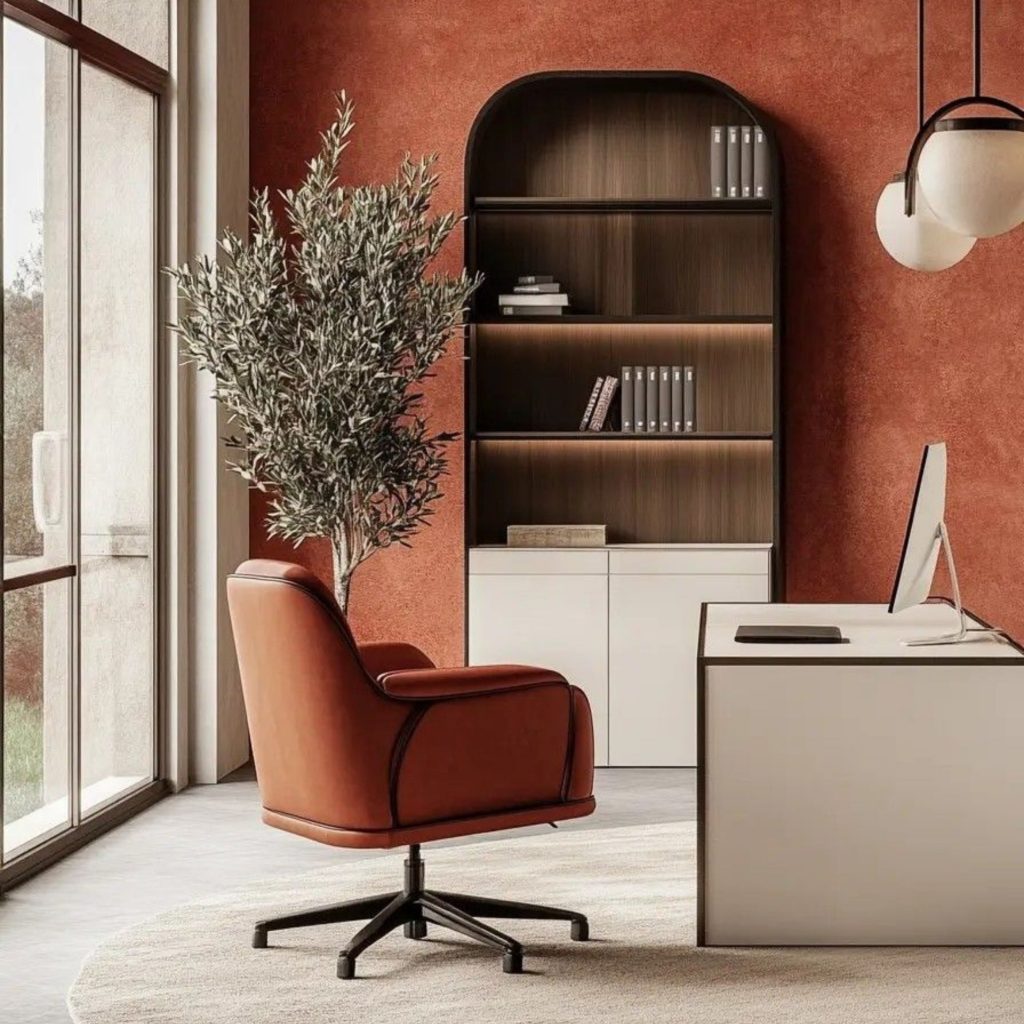 Espaço de trabalho em tons quentes que revela como a psicologia das cores influencia o conforto visual, usando cores terrosas que acolhem e mostram o impacto da psicologia das cores na criação de ambientes mais envolventes.