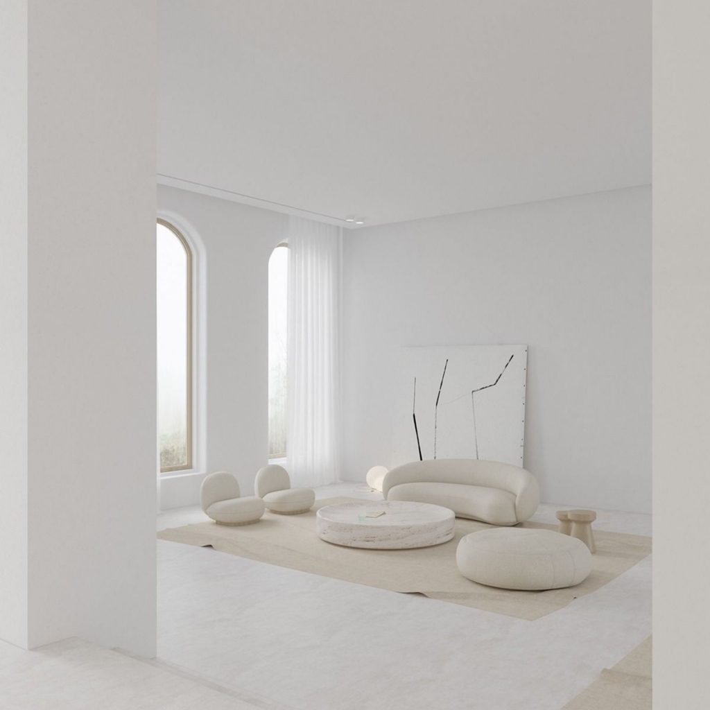 Sala luminosa em tons de branco que mostra como a psicologia das cores orienta o uso de cores suaves para criar serenidade, revelando o impacto da psicologia das cores na definição de paletas cromáticas equilibradas.