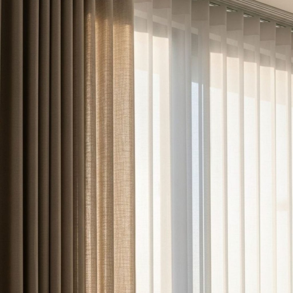 Detalhe de cortinas opacas e voile translúcido num espaço contemporâneo, integradas num design de interiores que privilegia o bem estar e reforça a saúde e bem estar através do controlo subtil da luz. A combinação de tecidos cria uma atmosfera calma que apoia a saúde mental e promove bem estar, demonstrando como o design de interiores pode melhorar a saúde e bem estar e contribuir para um ambiente que favorece a saúde mental.