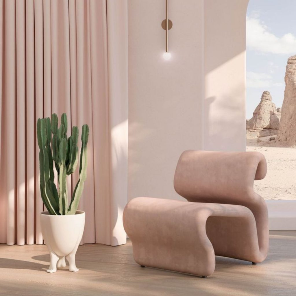 Espaço contemporâneo com cadeira escultural em cor pastel, integrada numa composição suave que reforça a presença da cor pastel no ambiente. A paleta de cores pastel cria uma atmosfera luminosa e delicada, alinhada com um design de interiores contemporâneo; esta mesma paleta de cores pastel contribui para um design de interiores equilibrado e sereno.