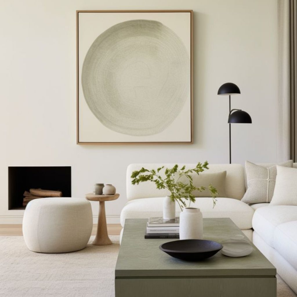 Sala de estar moderna com sofá claro, mesa de centro minimalista e elementos decorativos em cor pastel que reforçam um design de interiores calmo e sofisticado. A obra de arte circular e os objetos cerâmicos criam uma paleta de cores pastel subtil, integrada num ambiente luminoso. O espaço evidencia como o design de interiores utiliza cor pastel para suavizar volumes e texturas, enquanto a paleta de cores pastel contribui para uma sensação de equilíbrio e serenidade.