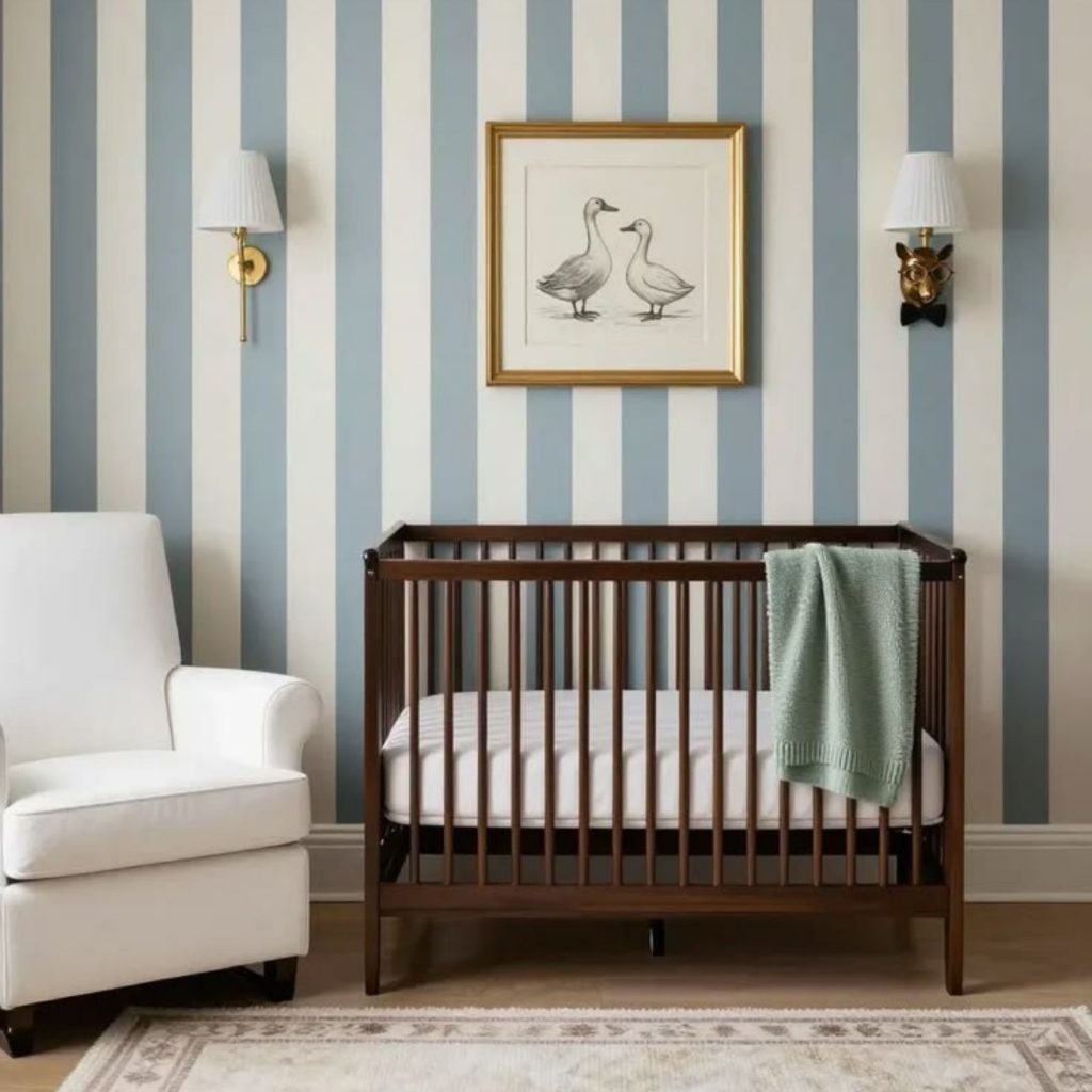 Quarto de bebé com berço em madeira escura e parede às riscas em tons suaves, onde a cor pastel cria uma atmosfera calma e delicada, típica de um design de interiores pensado para conforto. O quadro com patos, as arandelas douradas e o cadeirão claro reforçam uma paleta de cores pastel coerente. O design de interiores deste espaço demonstra como a cor pastel pode envolver o ambiente com suavidade, enquanto a paleta de cores pastel contribui para uma sensação de equilíbrio visual.