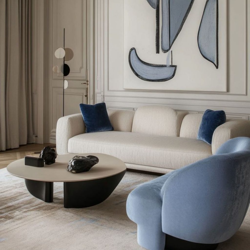 Sala sofisticada com sofá creme, almofadas azul‑veludo e poltrona azul‑clara, onde a cor pastel surge em detalhes que suavizam o design de interiores. A composição, marcada por arte geométrica e mobiliário moderno, revela uma paleta de cores pastel integrada num cenário clássico. O design de interiores utiliza cor pastel para equilibrar formas e volumes, enquanto a paleta de cores pastel reforça a serenidade visual do espaço.