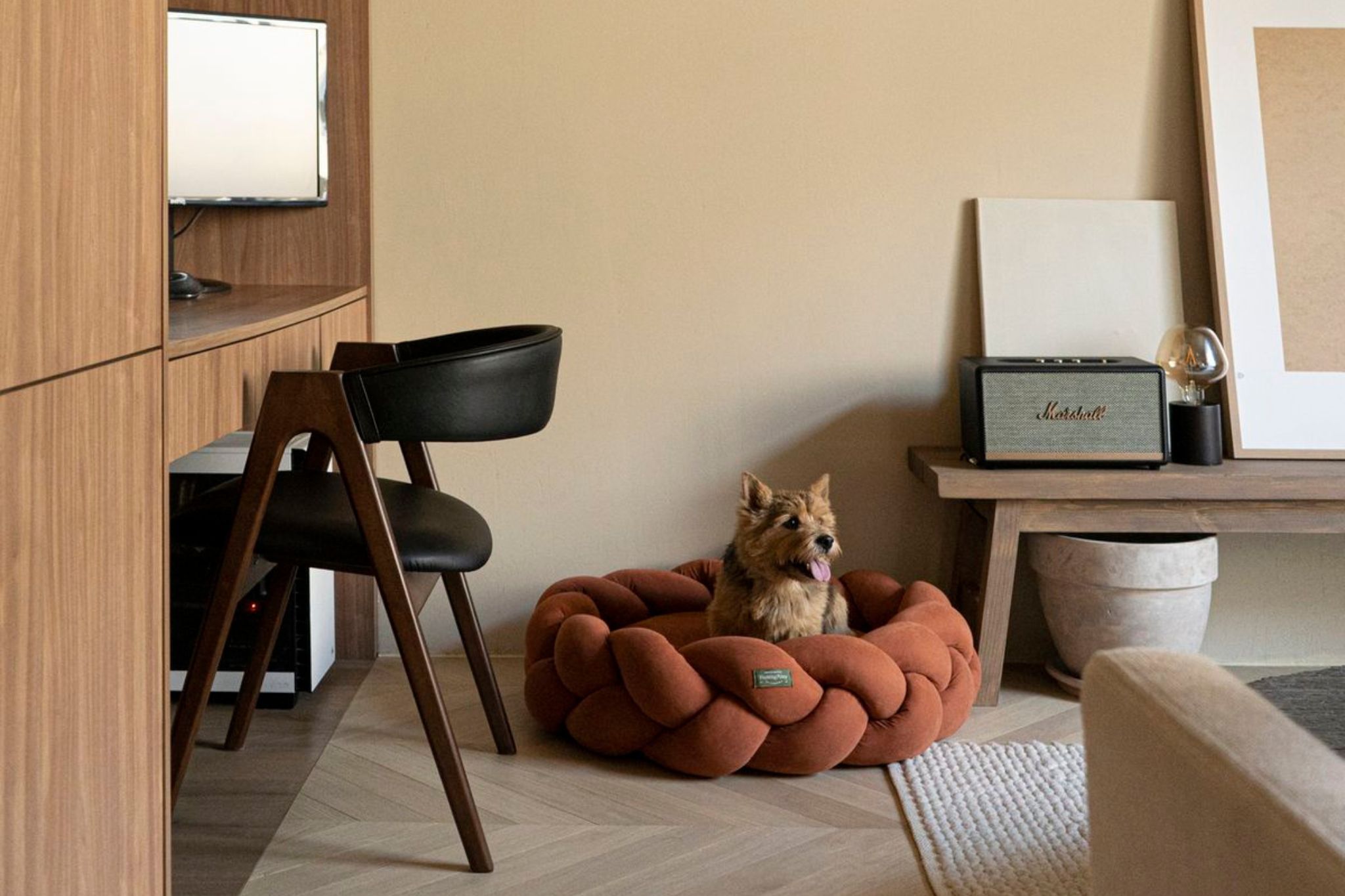 Um pequeno cão repousa numa cama trançada junto a uma secretária moderna, num ambiente onde a casa é pensada para acolher animais de estimação sem comprometer o equilíbrio do design de interiores. A madeira clara, a luz suave e a decoração minimalista criam um espaço pet‑friendly que integra o quotidiano da família, mostrando como uma casa pode unir funcionalidade e estética ao considerar o bem‑estar de animais de estimação. O resultado é um ambiente verdadeiramente pet‑friendly, onde o design de interiores e a decoração trabalham em conjunto para criar conforto, ordem e presença afetiva.
