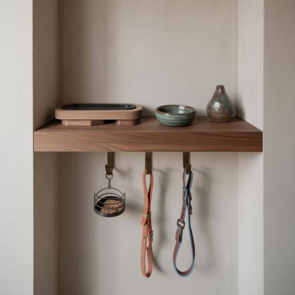Um conjunto de trelas e acessórios organizados numa estrutura de parede mostra como a casa pode integrar soluções discretas para animais de estimação, mantendo o espaço funcional e elegante. A prateleira em madeira, os ganchos metálicos e a decoração minimalista reforçam um design de interiores pensado para arrumação diária, criando um ambiente verdadeiramente pet‑friendly. Aqui, a casa adapta-se ao ritmo dos animais de estimação, oferecendo zonas práticas de apoio, enquanto o design de interiores e a decoração asseguram ordem visual num espaço totalmente pet‑friendly.