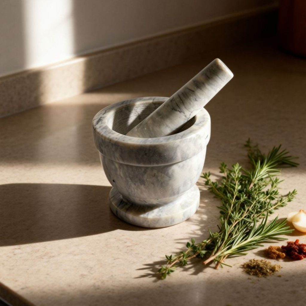 Morteiro em mármore com ervas frescas num ambiente que valoriza utensílios de cozinha como elementos estéticos, evocando cozinhas modernas onde os utensílios de cozinha dialogam com ingredientes naturais e reforçam a ligação entre cozinhas modernas e o design de interiores; luz suave que destaca texturas e integra o design de interiores no espaço.