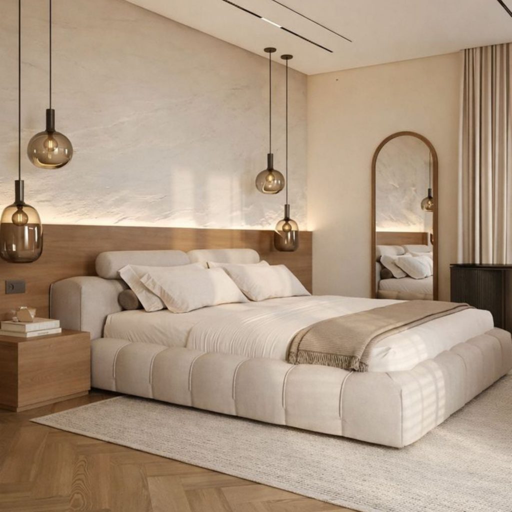 O quarto apresenta uma decoração que combina suavidade, luz e textura para despertar emoções de serenidade e recolhimento. A presença das luminárias suspensas e do painel em pedra revela a intenção da arquitetura em moldar atmosferas através de ritmo e profundidade. A composição reforça uma decoração pensada para regular sensações, permitindo que as emoções se revelem de forma subtil. Cada gesto de arquitetura contribui para um ambiente equilibrado, onde a coerência da decoração sustenta o bem‑estar e onde as emoções se alinham com a intenção espacial da arquitetura.